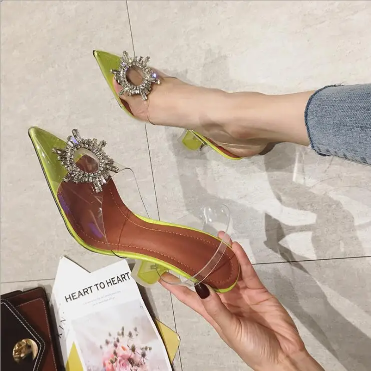 New style slippers with 7CM women flip flop rhinestone pointed transparent heel fashion wild durable sandals | Обувь