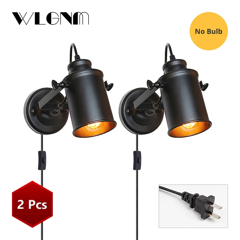 Black 2Pcs US Plug Винтажный настенный светильник, промышленный настенный светильник, штекер с кнопочным выключателем, настенный светильник в стиле ретро, светильник для спальни, гостиной, прохода - Цвет абажура: Black 2Pcs US Plug