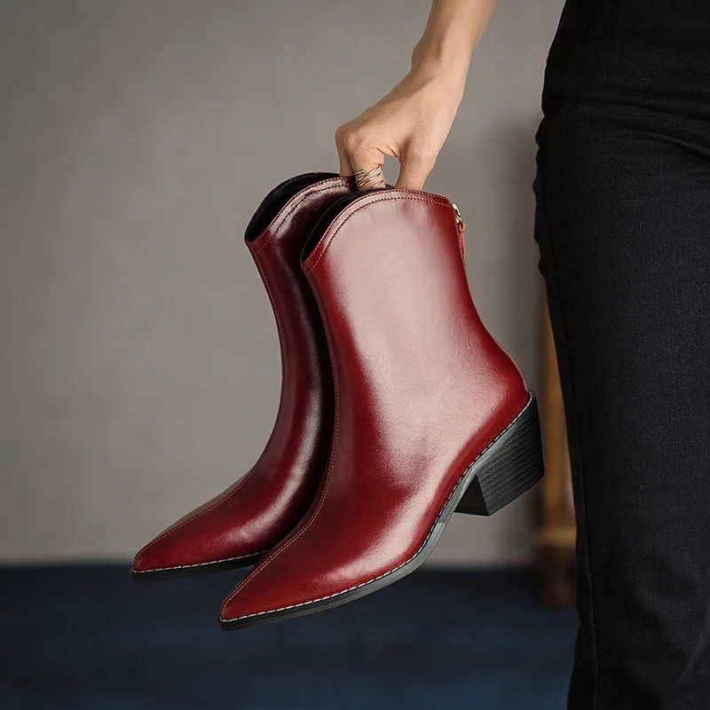 

Hot Genuine Leather Women Boots 2021 Retro and Old Pointed Toe Chunky Heel Western Boots Mid-Calf Boots Ankle Boots Women Shoes
