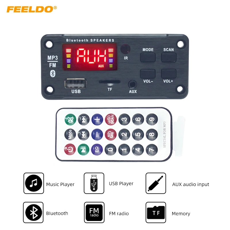 FEELDO 10set Car Bluetooth 5.0 Module Coloful Display USB MP3 Player TF Card FM Wireless Remote Decoding Board Module DC12V