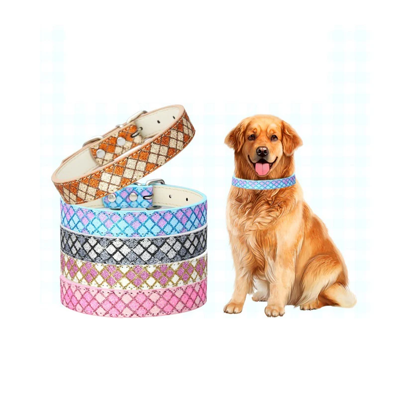 

Dog Collar French Bulldog Plaid Glitter Pu Collar Pet Supplies Creative Dog Birthday Gift 5 Colors Collar Small Dog Chihuahua