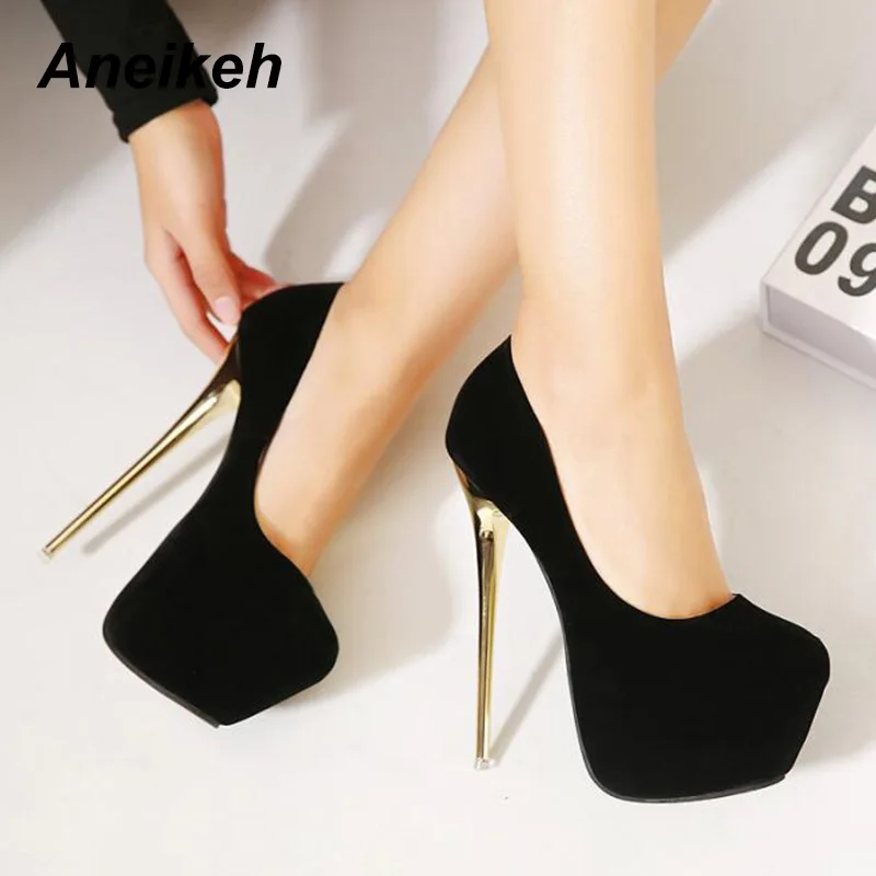 

Aneikeh Big Size 41 42 43 44 45 Sexy Pumps Wedding Women Fetish Shoes High Heel Stripper Flock Pumps 16 cm Zapatos Mujer
