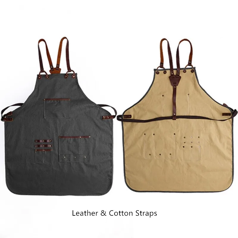 GreenApronLeather Зеленый серый коричневый хлопок фартук перекрещивающийся ремень парикмахера цветовода садовника художника рабочая одежда бариста бармена официантки Униформа D48 - Цвет: GreenApronLeather