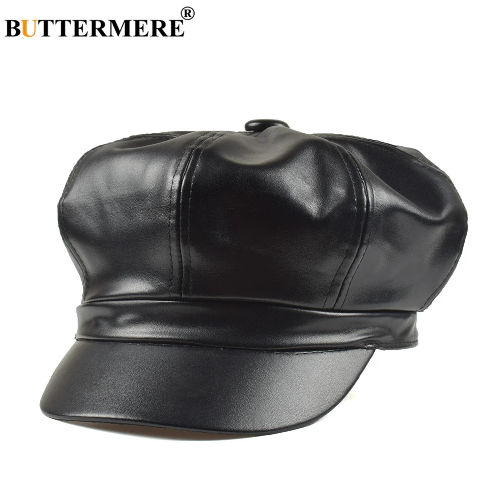 

BUTTERMERE Newsboy Cap Pu Leather Solid Black Octagonal Cap Autumn Winter Vintage Ladies Flat Cap Female Beret Hat