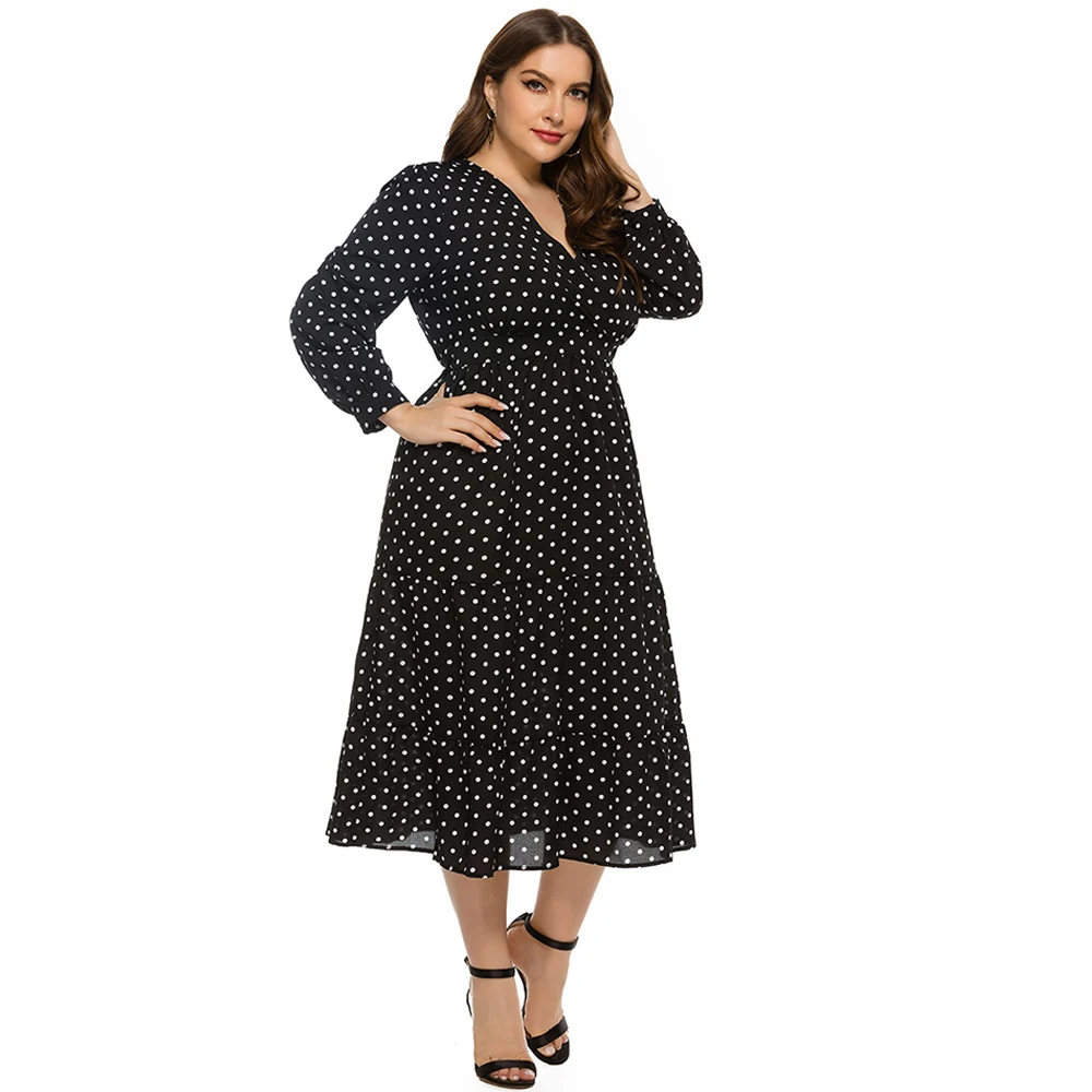 Женское шифоновое платье макси длинное с V-образным вырезом и принтом в горошек