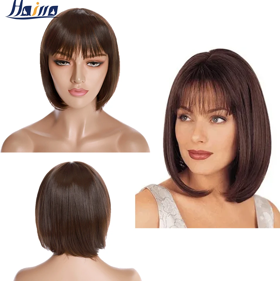 

HAIRRO 12'' Short Straight Bob Synthetic Wigs With Bangs For Women Ombre Black Brown Blonde Wigs Cosplay Party Daily Use