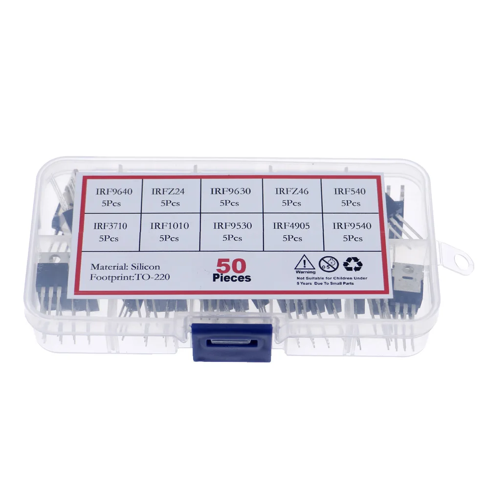 50Pcs/box 10 Values Mosfet Transistor Kit IRF9640 IRFZ24 IRF9630 IRFZ46 IRF540 IRF3710 IRF1010 IRF9530 IRFZ44 IRF9540 IRF4905 |