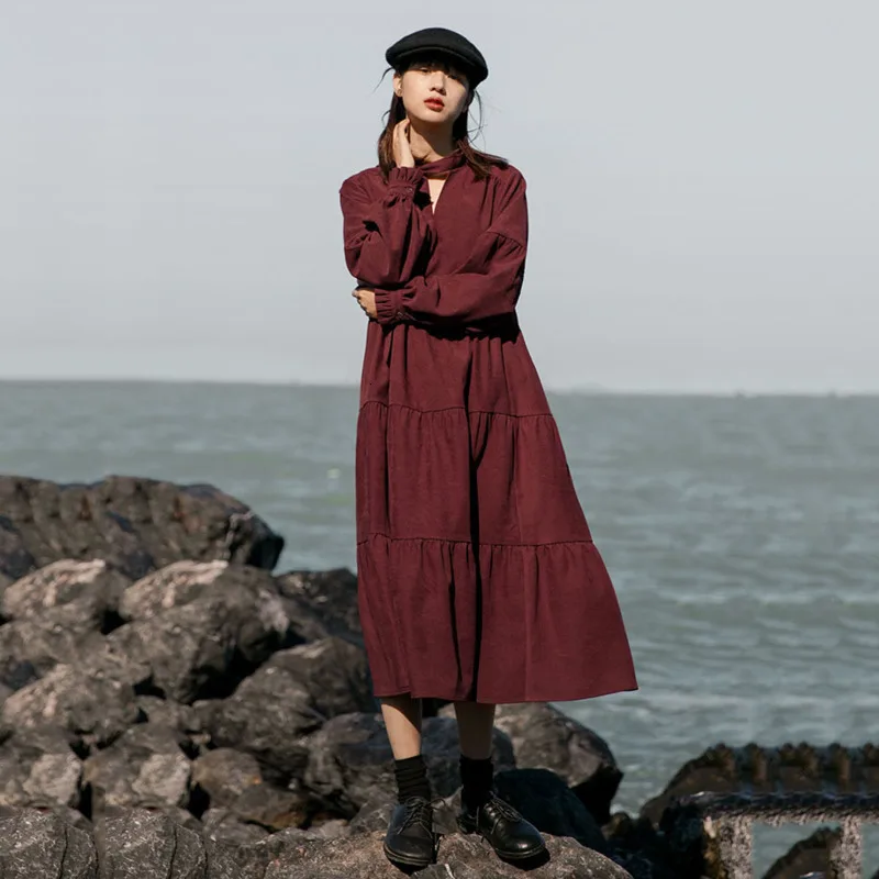 LANMREM 2020 весеннее новое ретро однотонное платье с v-образным вырезом и