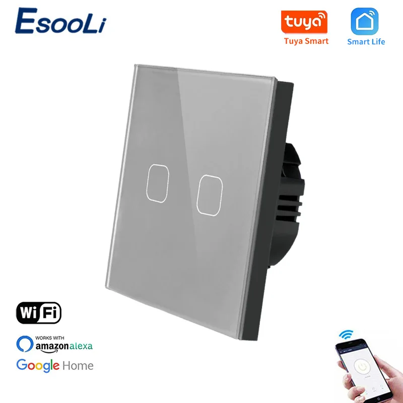 Настенный сенсорный выключатель EsooLi европейский стандарт 2 клавиши Tuya/Smart Life Wi-Fi