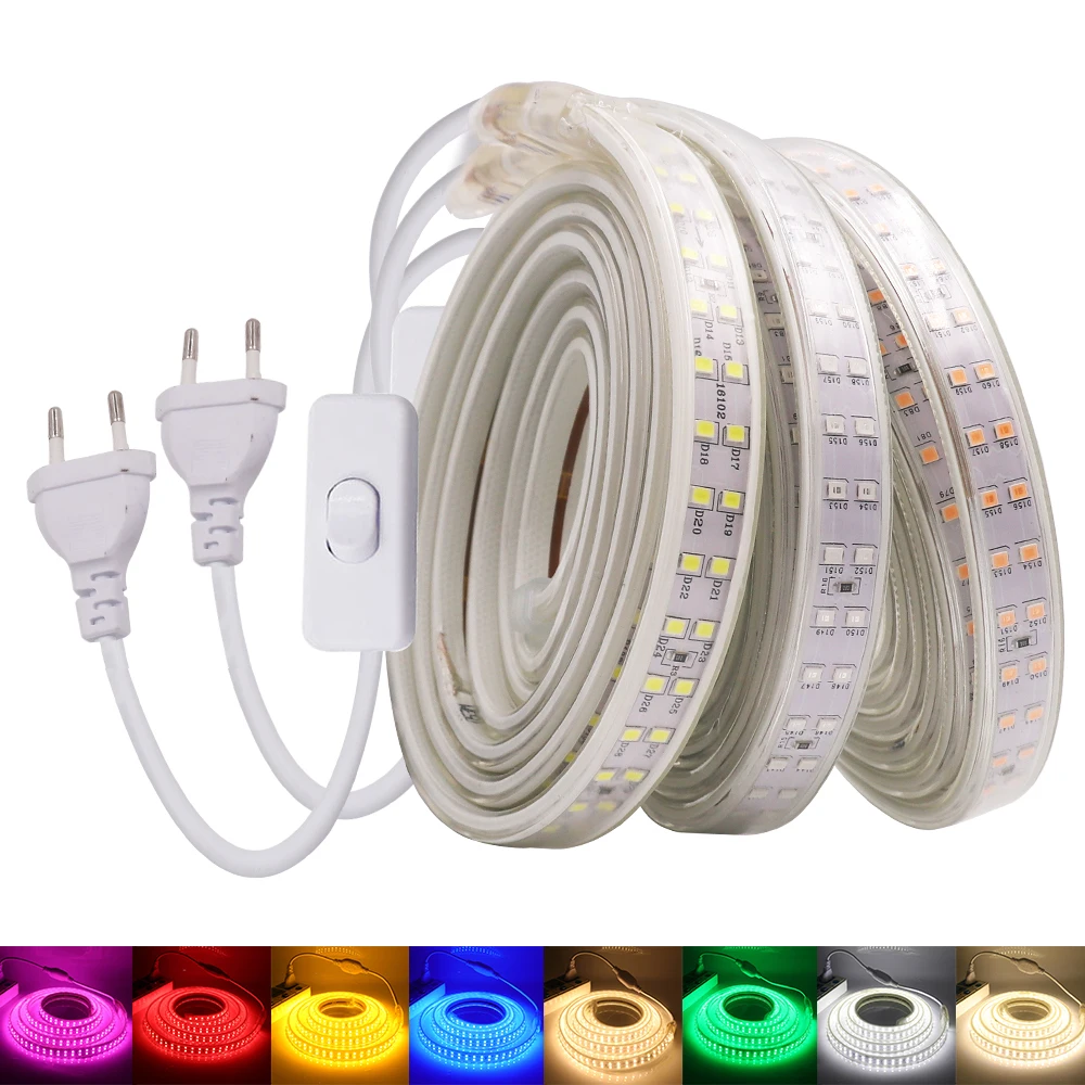 

LED Strip Light 220V 2835 Waterproof Lighting Tape Double Row 180LEDs/m Flexible Ribbon Stripe with EU UK Switch Plug Home Decor