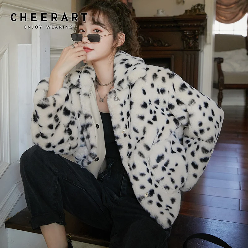

CHEERART Leopard Print Winter Fur Coat And Jackets Women White Furry Jacket Fuzzy Outerwear Warm Fux Fur Jacket 2020