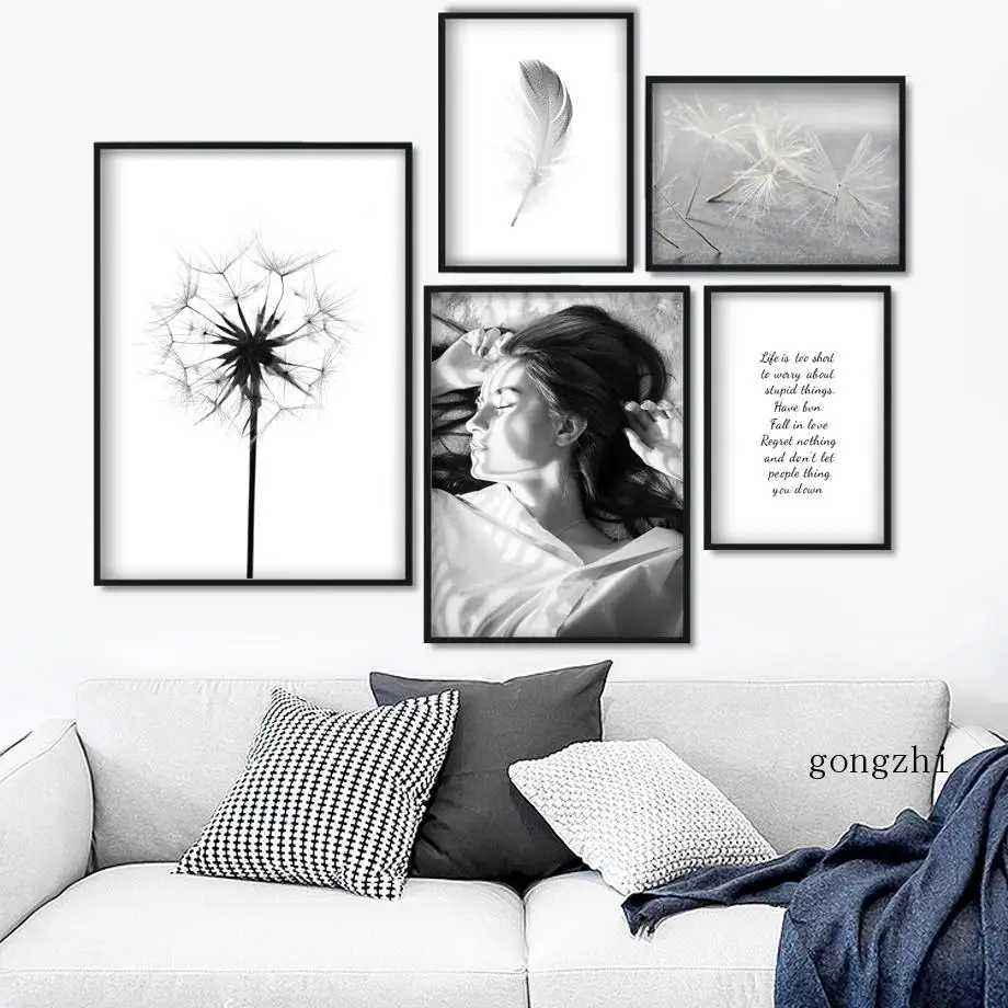 

Girl Dandelion Feather Inspirational Quotes Nordic Posters Canvas Painting and Prints Wall Art Pictures for Living Room Decor