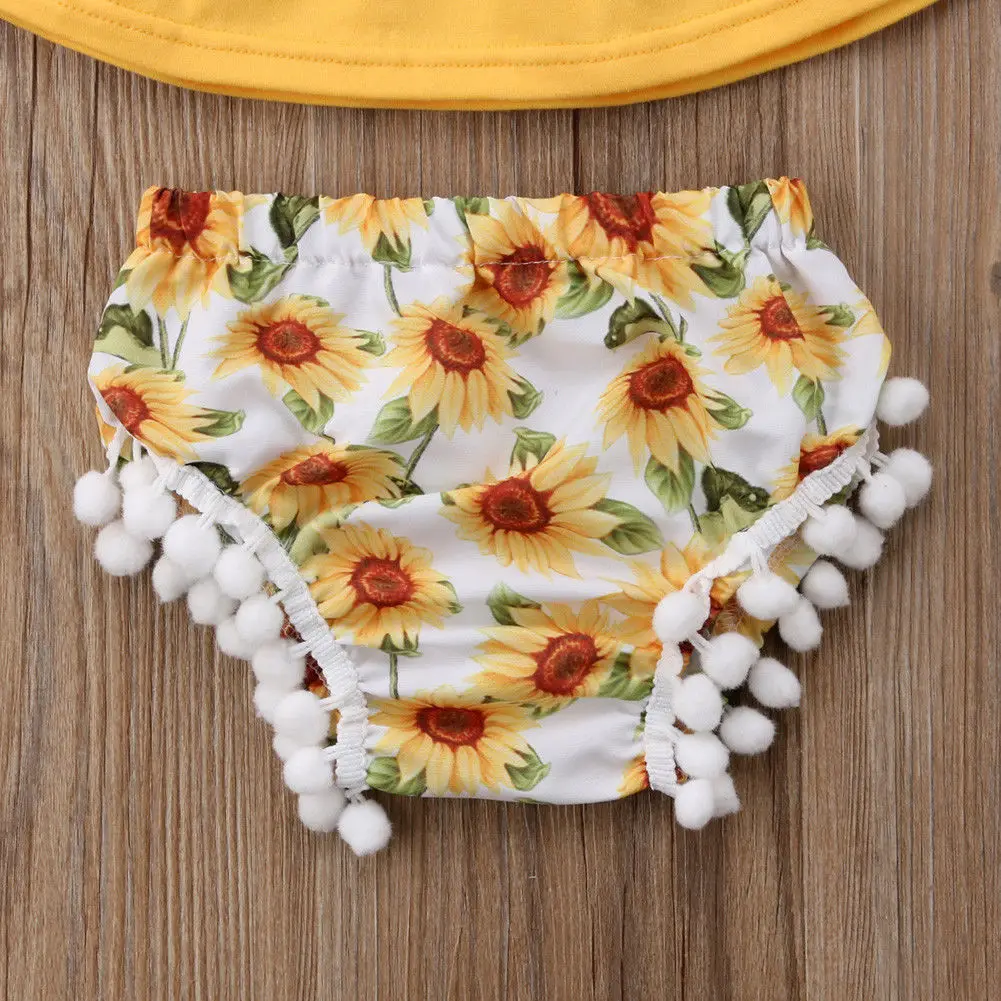 

3Pcs Summer Baby Girls Clothing Sunflower Outfits Toddler Kids Off Shoulder Tops+Short Pants+Headband 2020 Clothes Set