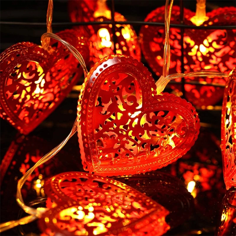 

20 Bulbs 2 Pieces Red Heart Shape Hollow Light Valentine's Day String Light Home W0YF