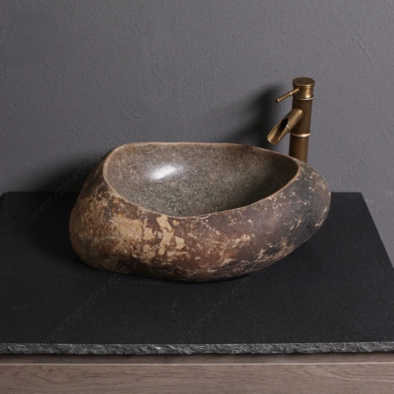 

Factory Direct Natural River Cobble Stone Countertop Bathroom Vessel Sink