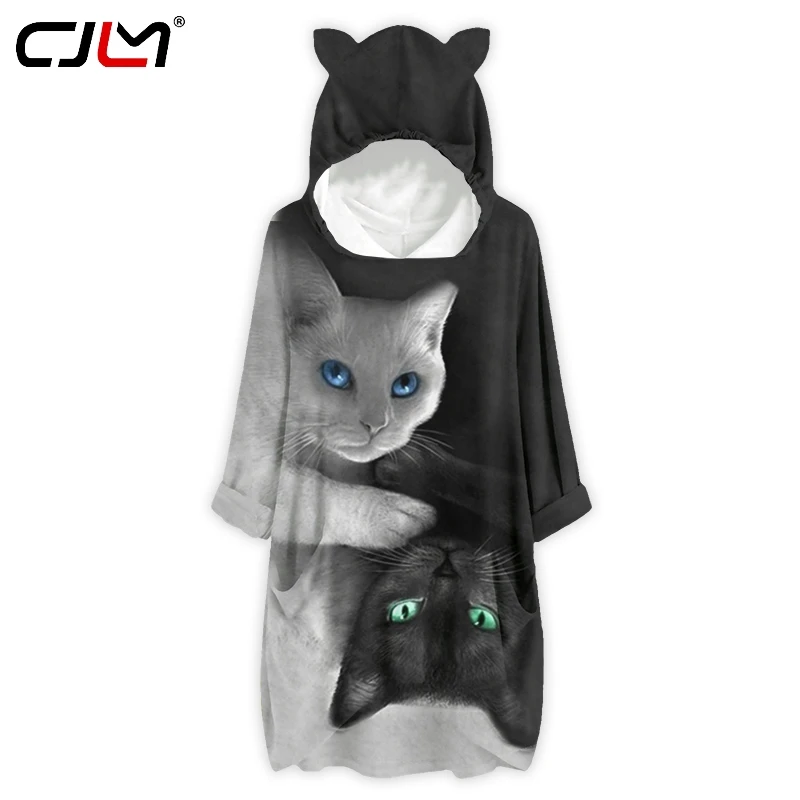 CJLM-Sudadera con capucha con orejas de gato para niña, suéter informal con estampado de orejas de gato, ropa blanca y negra, venta al por mayor