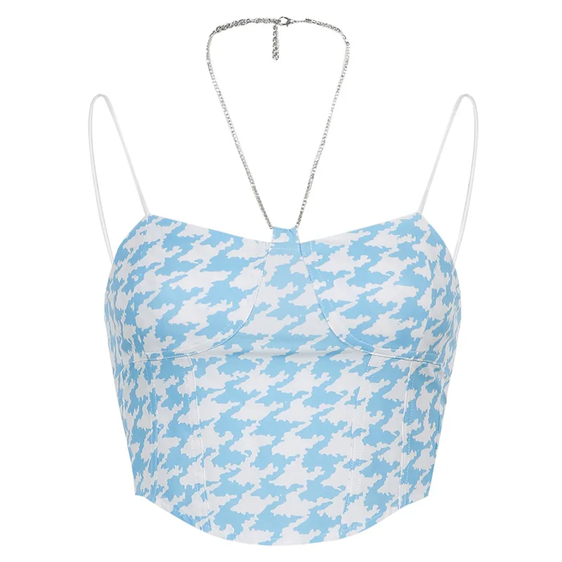 

Women's Plaid Chain Hanging Neck Hit Color Repair Open Umbilical Short Sling Vest 2021 New Model