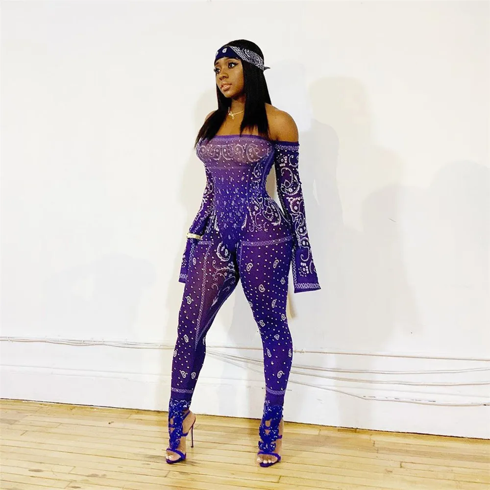 Sexy Off Shoulder Print Rompers Womens Jumpsuit 2019 Mesh Sheer Party Club Overalls Bodycon Jumpsuit Combinaison Pantalon Femme