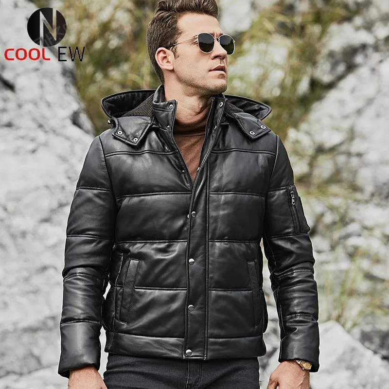 

Autumn Winter New Genuine Leather Mens Short Hodded Down Coats Casual Hat Detachable Thick Warm Male Outerwear Coats Plus Size