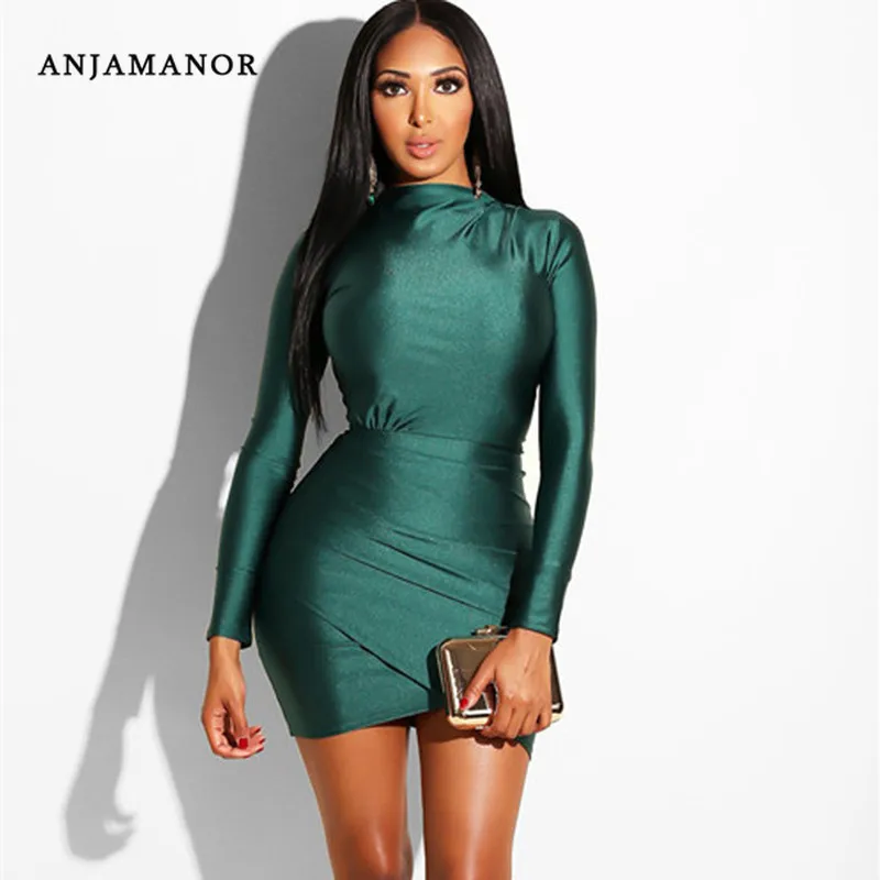 

ANJAMANOR Green Long Sleeve Bandage Dress Elegant Sexy Ruched Mini Bodycon Dresses Woman Party Night 2020 Clubwear D35-AB64