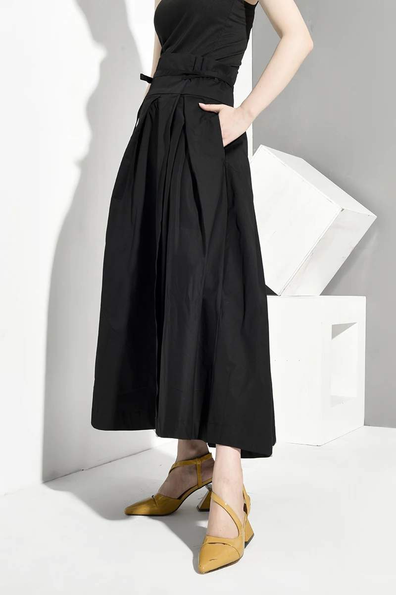 [EAM] High Waist Black Bandage False Two Spliced Loose Half-body Skirt Black Women Fashion Tide New Spring Autumn JR4780