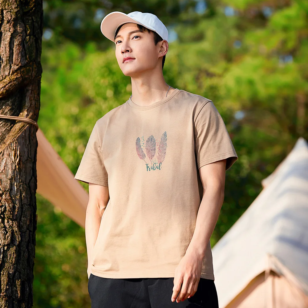 

2021 New Casual T-shirt Men 100% Cotton Feather Printed White Khaki Streetwear Men's Top Tees ATK01105209H