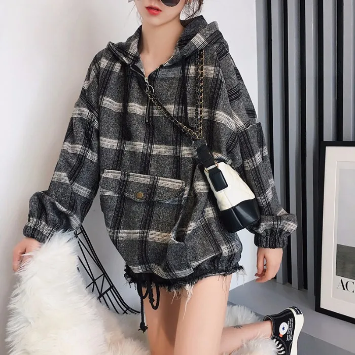 

Cotton Plaid Women's Sweatshirts Plus Size Hoodies Autumn Winter Casual Loose Clothing Lady Fashion Long Sleeve Top Houthion