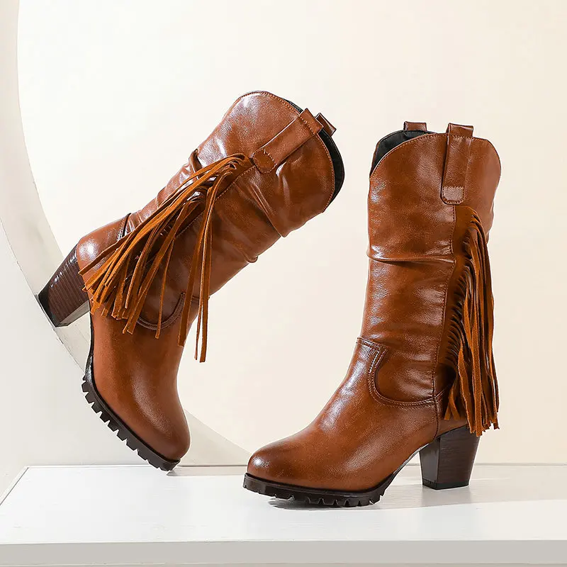 

2021 New Fashion Casual Round Toe Platform Mid Calf Boots PU Leather Long Boots Square High Heel Women Shoes Size 34-43