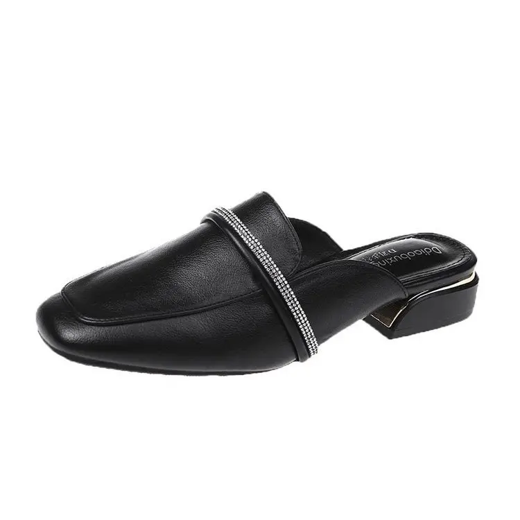 

Low Shoes Slippers Soft Slides Med Cover Toe Square heel Slipers Women Comfort Block 2021 Rubber PU Sewing Hoof Heels Casual Fab
