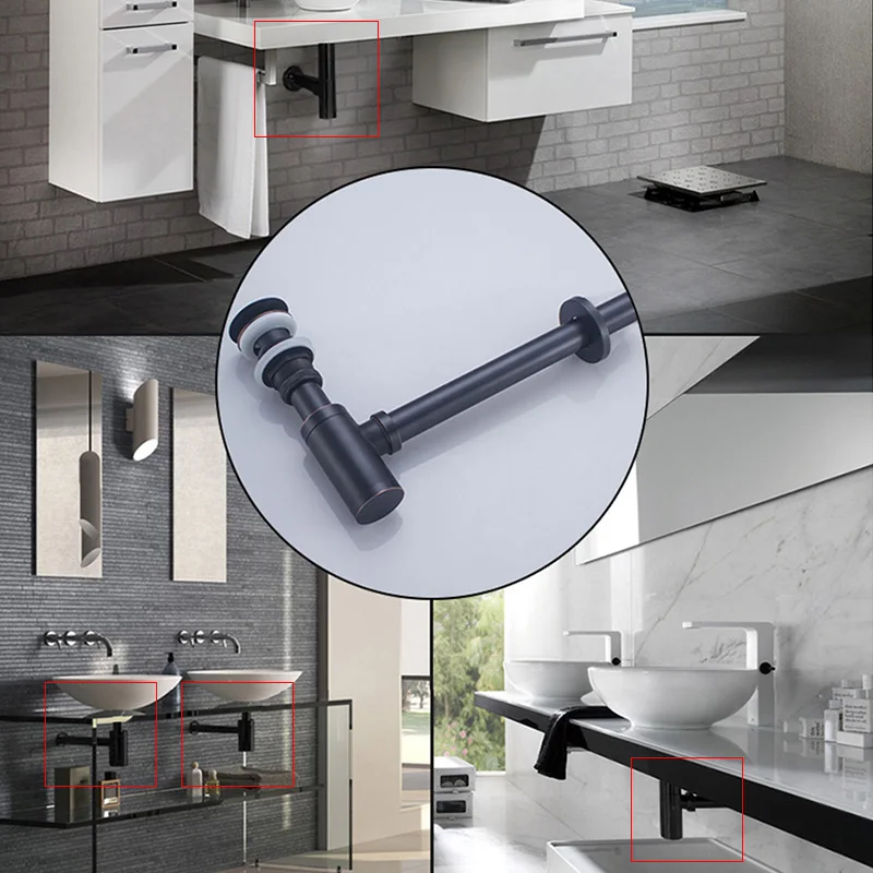 Basin Bottle Trap Metal Bathroom Sink Siphon Drains with Drain Black P-Trap Pipe Waste |