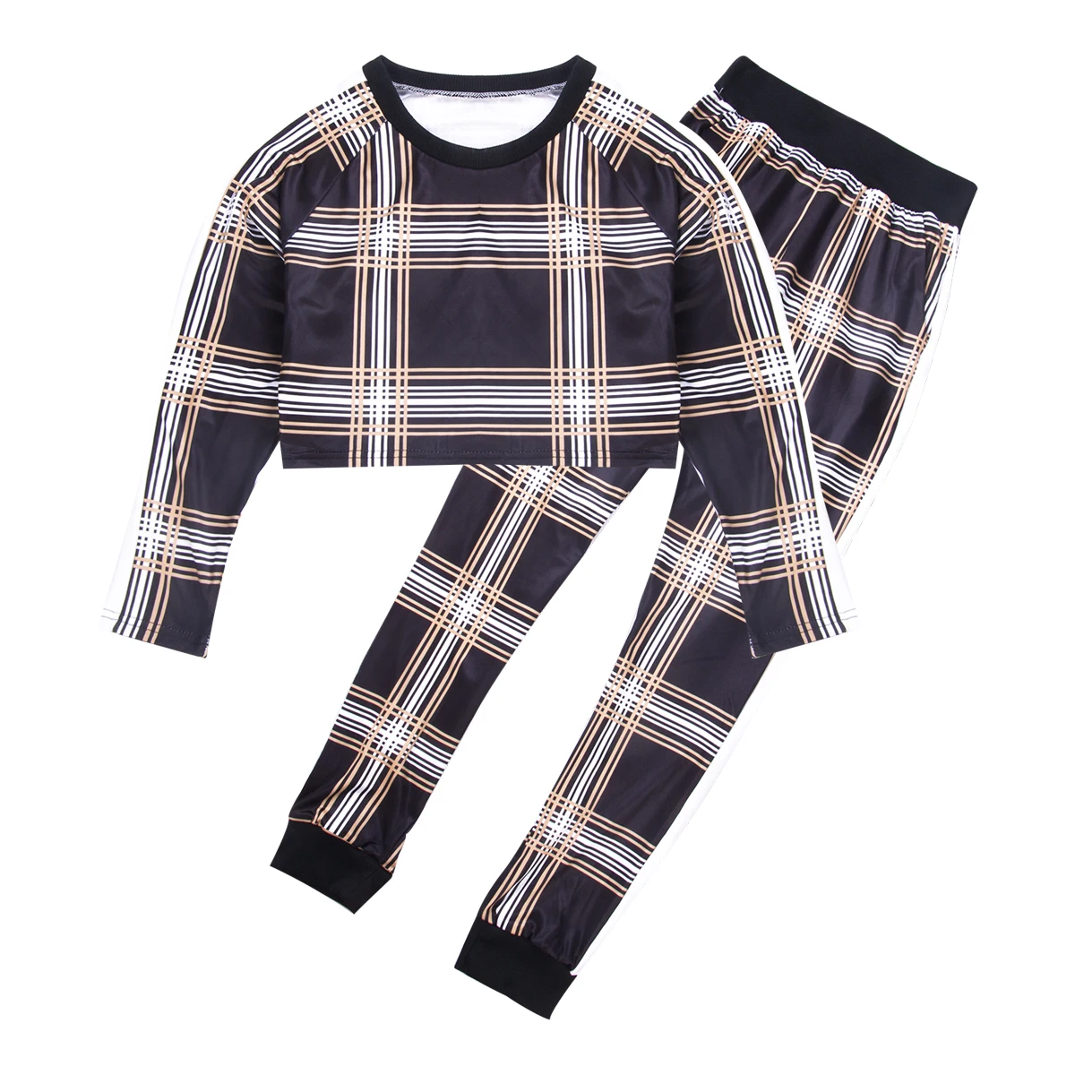 

Autumn Tracksuit Women's Sexy Slim Plaid Two-piece Set Cropped Top+Pant Trousers Plus Size S-2XL 5