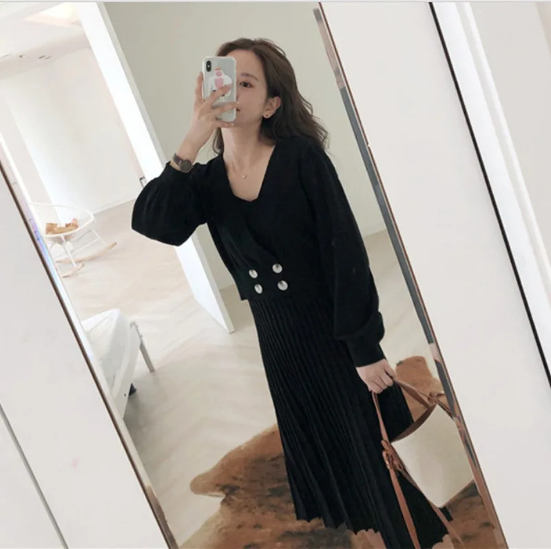 Женский вязаный комплект из двух предметов свободный свитер вязаное платье для