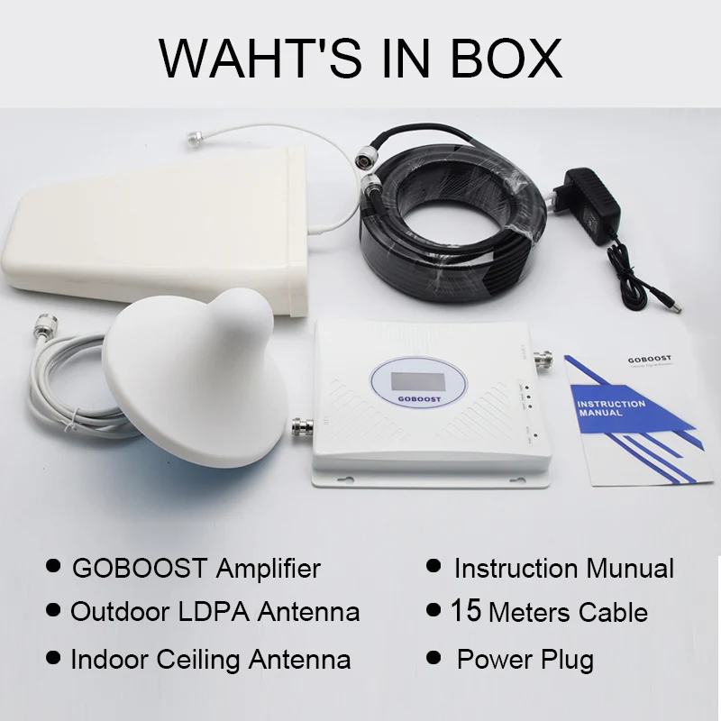 

GOBOOST GSM 2G 3G 4G Cellular Signal Booster 900 1800 2100 Amplifier 4G LTE 2600 Cell Phone Repeater 3G 4G 15M Cable Antenne kit