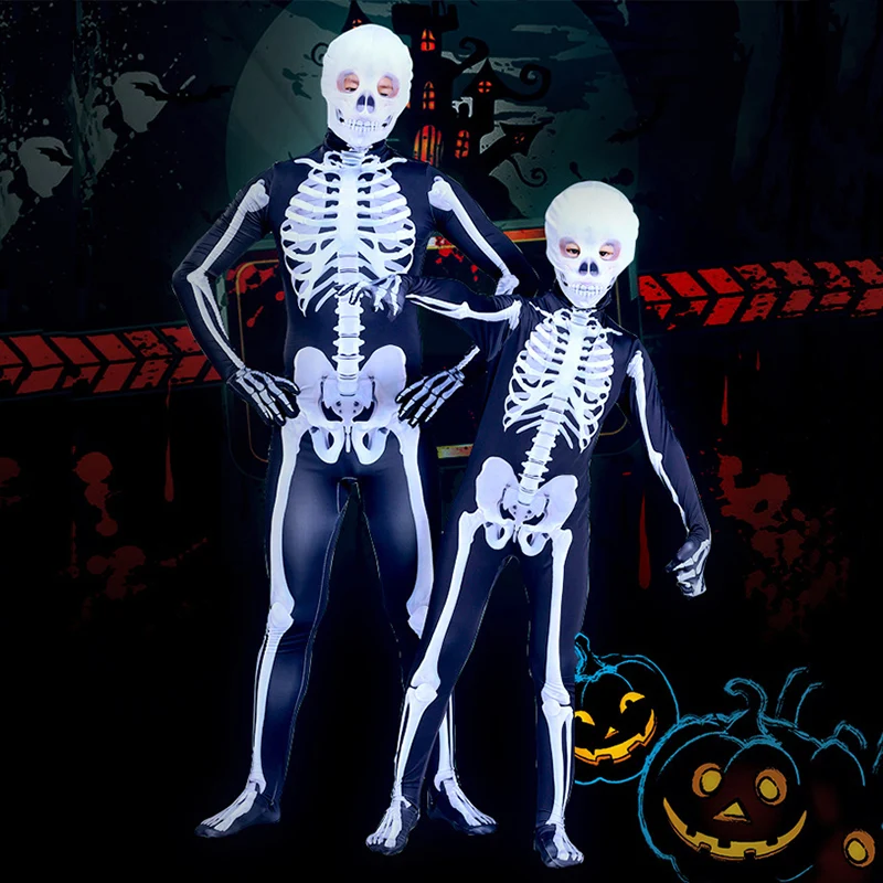 

Skeleton Bone Bodysuit Halloween Costumes with Skeleton Hood Mask for Parent-Child Party Cosplay ASD88
