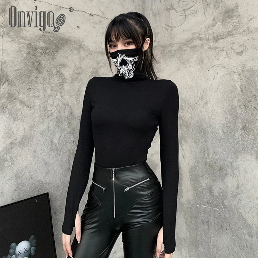 

Qnvigo Mask Type Top European American Dark Style New Design Long-Sleeved T-shirt Women 2021 Autumn Winter Gothic Skull Print T-