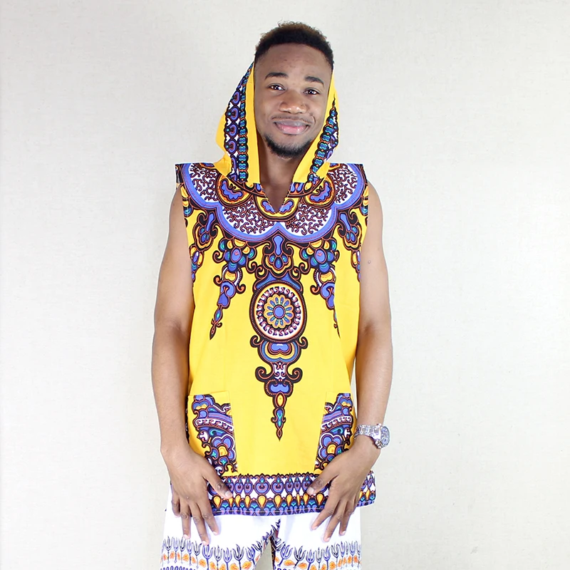 

African hooded shirt Vintage Design Mens Dashiki Tops Sleeveless Male Yellow Dashiki Hoodie