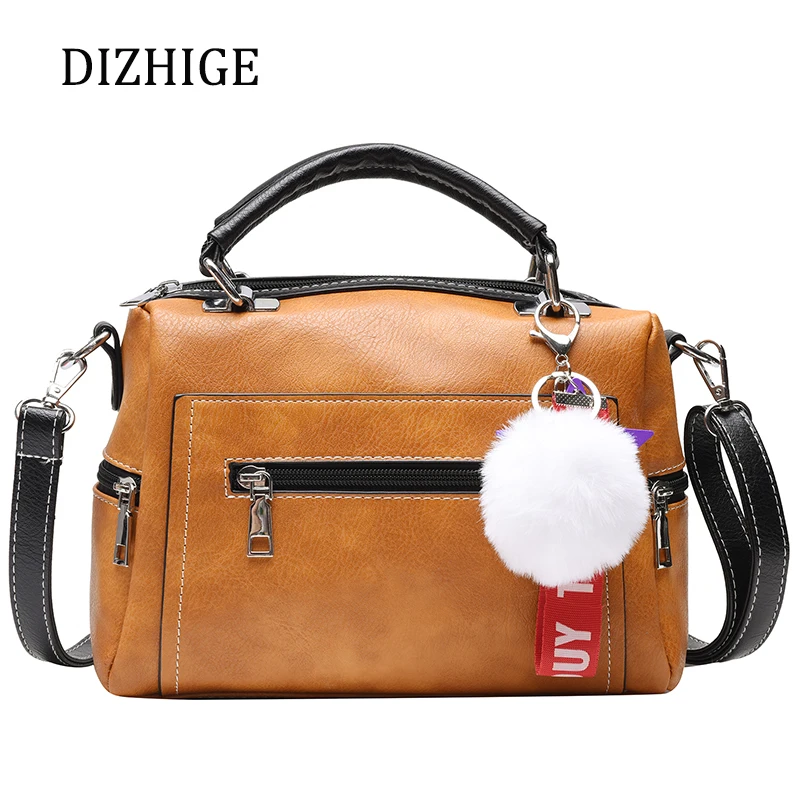 Винтажные коричневые сумки женская классическая Бостонская сумка пушистый шар