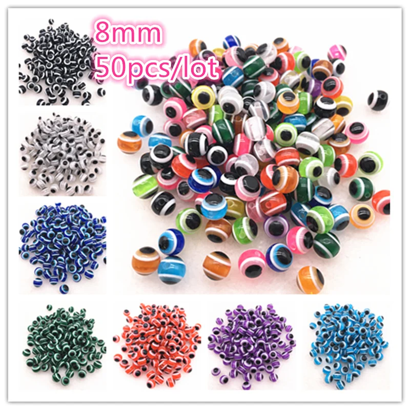 

50pcs/lot 8mm Charms Beads Round Evil Eye Resin Beads Stripe Spacer Beads for Jewelry Making DIY Bracelet Beads