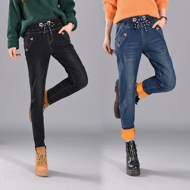 Плюс бархатные Повседневные Джинсы бойфренда для женщин со шнуровкой длинные