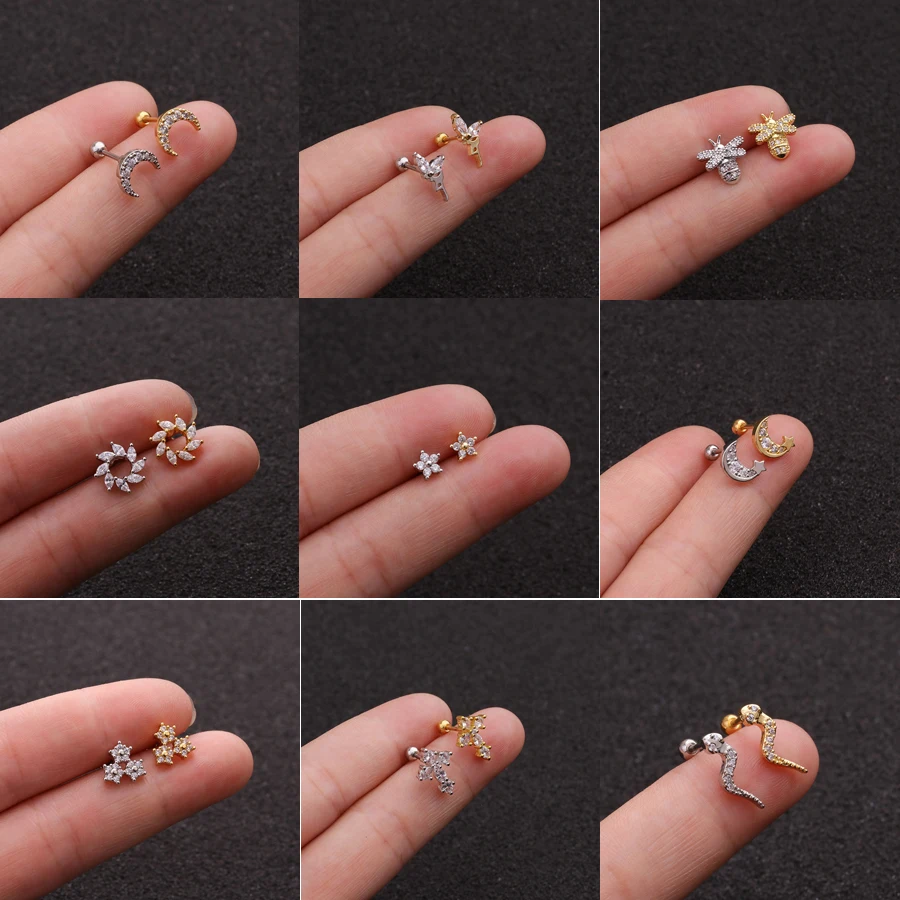 Серьги гвоздики из нержавеющей стали 20G с фианитами Змея Ящерица геккон цветок