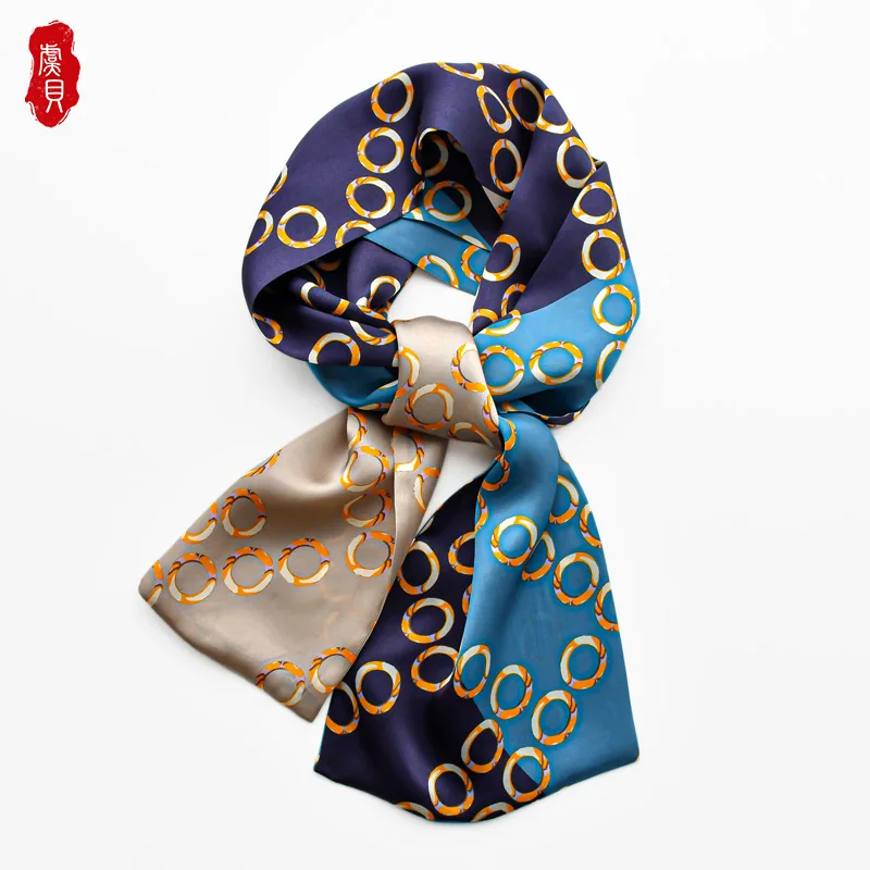 

Blue circle women two-sided narrow long scarf silk ribbon neckerchief headband women headscarf small bandana warp gift for girls