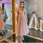 Женское платье с открытыми плечами, розовое, из тюля в горошек