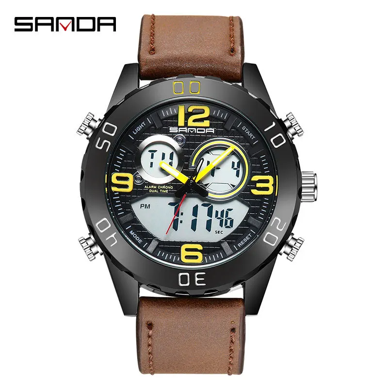 

2021 new fashion watch male student electronic watch leather strap waterproof youth trend double display men's watch