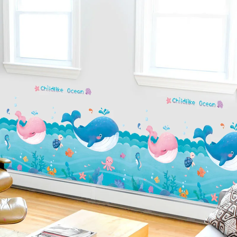 

Мультфильм Океан ПВХ наклейки на стену для детской комнаты ванная комната питомник Настенный декор Водонепроницаемый Виниловый плинтус на...
