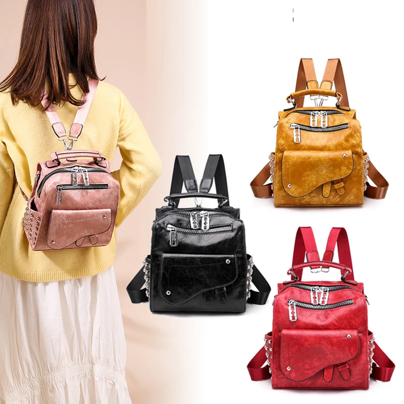 

High Quality PU Leather Rivet Backpacks for Teenage Girls School Shoulder Bags Backpack Multi-function Women Small mochila mujer