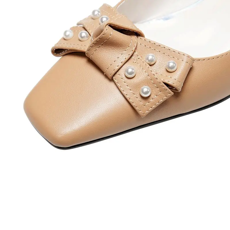 

ALLBITEFO size 34-42 bow design real genuine leather women high heels thick heel fashion sexy women heels shoes basic shoes