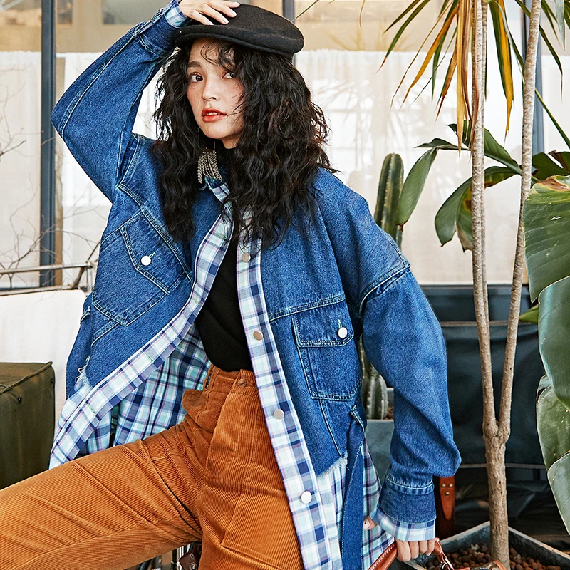 TWOTWINSTYLE винтажные Лоскутные Джинсовые клетчатые куртки для женщин воротник с