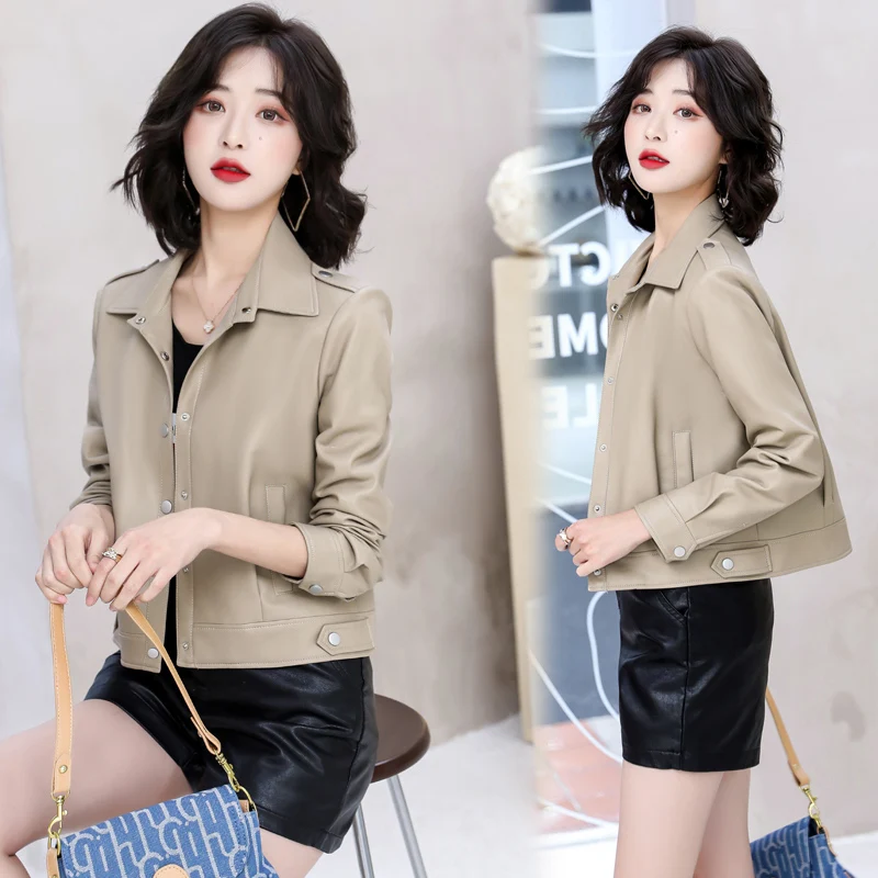 

Куртка женская из искусственной кожи, приталенная короткая Байкерская верхняя одежда, черный цвет, весна-осень