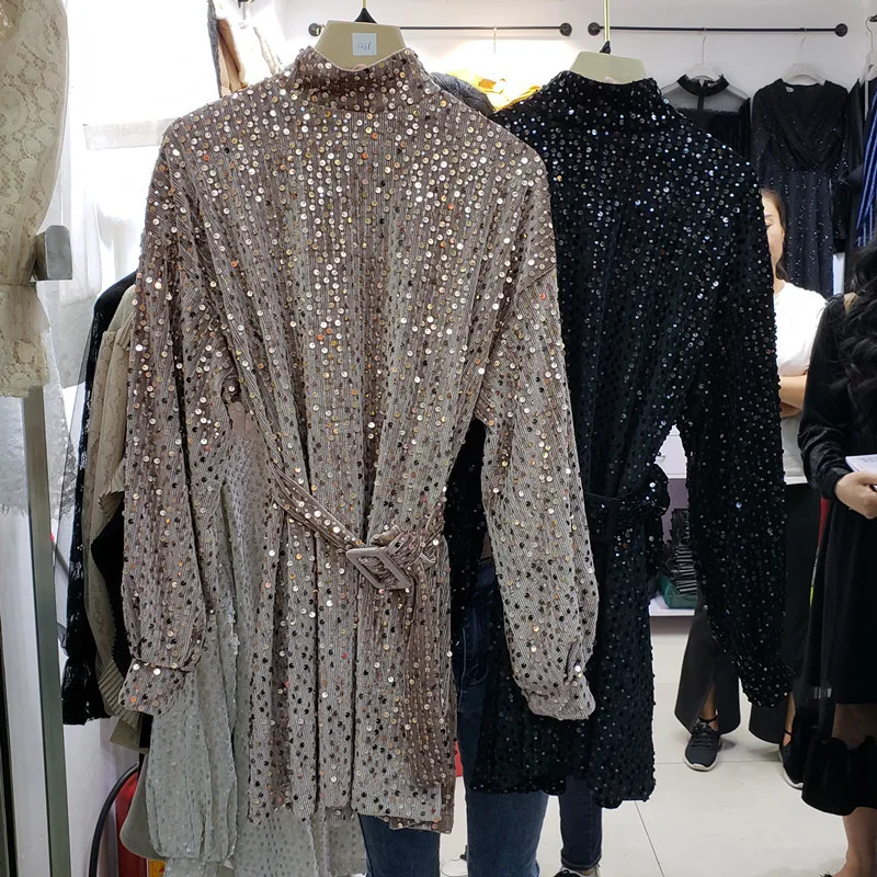 [EWQ] Новинка весны 2020 водолазка с длинным рукавом расшитое блестками свободного