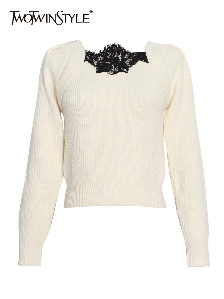 

TWOTWINSTYLE Apricot Pullovers For Women Slim Patchwork Lace Colorblock Irregular Collar Long Sleeve Short Top Female 2021 New